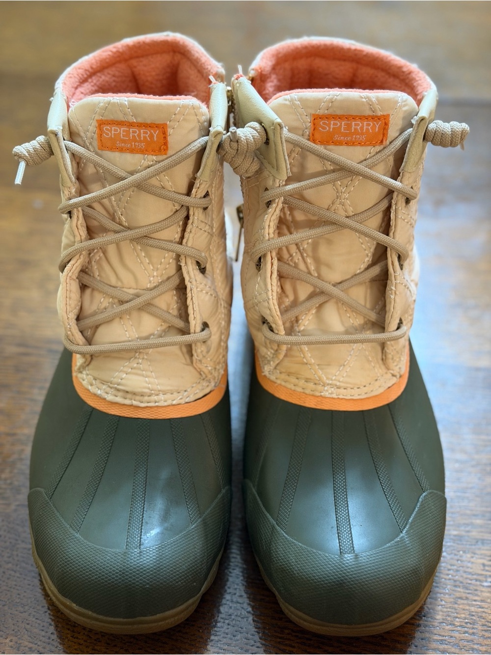 Sperry Olive & Tan Quilted Duck Boots with Coral Accents
